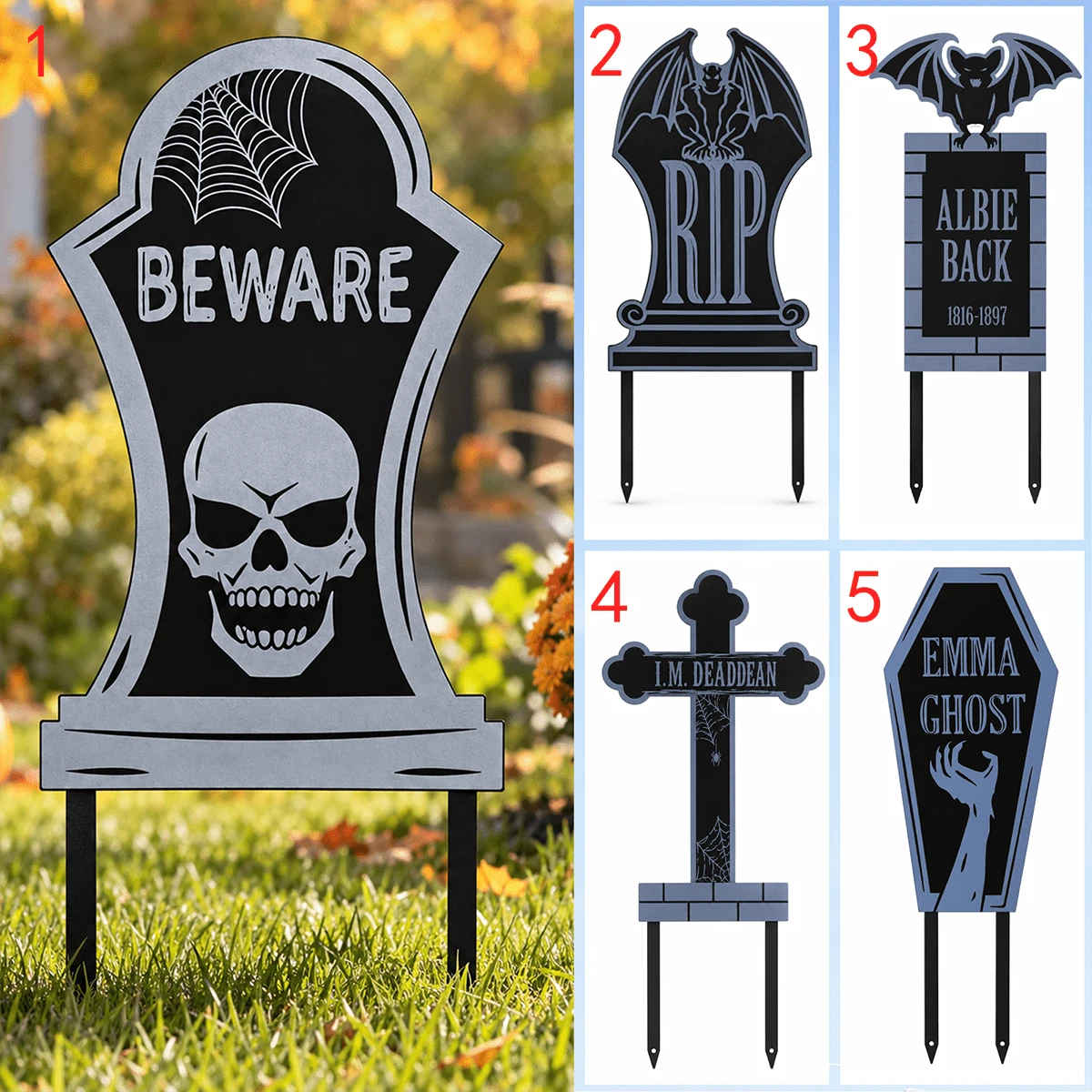 Halloween Graveyard Yard Decor, Custom Tombstone Metal Garden Stakes, Skull Bat Cross Spooky Outdoor Lawn Ornament For Halloween Party - Style 6 - View 1