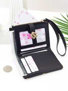 Floral Patchwork PU Short Snap Wallet Sweet Cute Mini Wrist Bag Multifunctional Coin Purse Zipper Pouch Simple Elegant Suitable For Storage - Multicolor - View 4