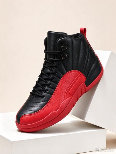 Men Black Red Color Block High Top Sneakers Grain Faux Leather Panels Padded Ankle Non Slip Rubber Sole Lace Up Street Walking Footwear