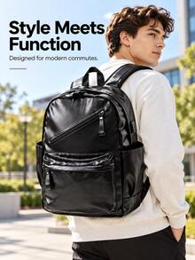 Korean Style Men's Backpack, Minimalist Casual PU Leather Backpack, Large Capacity Multifunctional Laptop Bag, Campus School Bag, Back To School Season (All Pull Tabs Random Left/Right Direction) - Black - View 1