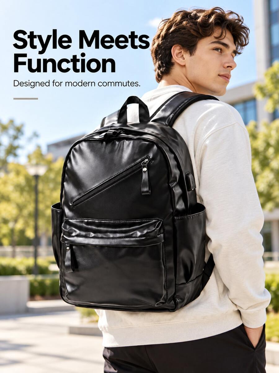 Korean Style Men's Backpack, Minimalist Casual PU Leather Backpack, Large Capacity Multifunctional Laptop Bag, Campus School Bag, Back To School Season (All Pull Tabs Random Left/Right Direction) - Black - View 1