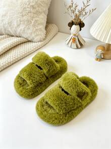 Children's Green Plush Slippers, Open Toe Plush House Slippers With Strap, Toddler Warm Soft Sole Anti-Slip Winter Indoor Shoes - Green - View 10
