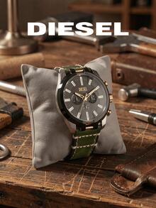 Diesel DZ4588 Men's Chronograph Watch, Green Textured Strap, Black Multifunction Dial, Mineral Glass 10Bar Water Resistant - Black - View 3