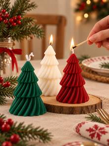 Christmas Tree Shaped Soy Wax Scented Candle, 5.5*10cm Handmade Ribbed Aromatherapy Candle, Xmas Table Mantel Home Decor, Holiday Gift - Multicolor - View 4