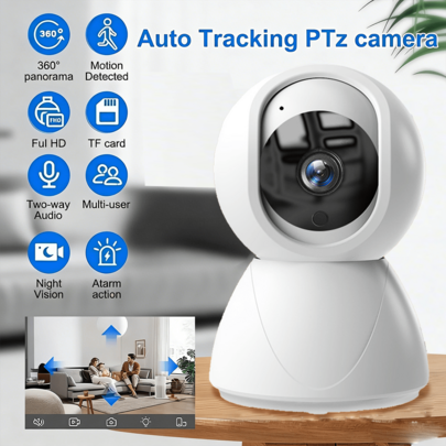 Cámara de PTZ interior 2.4G WiFi, visión nocturna HD, detección de humanos, voz bidireccional, vista remota móvil, alerta push, almacenamiento en la nube & tarjeta TF, cámara de vigilancia CCTV inalámbrica para el hogar