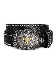 1pc Bohemian Style Western Cowboy Men's Belt, Vintage Embossed PU Leather Belt With Fashionable Bull Head Metal Buckle, Double Row Rivet Decoration, Y2K Punk Style Belt, Suitable For Men And Women, Ideal For Casual Wear, Jeans, Dresses And Parties, Perfect Gift - Black - View 4