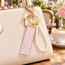 Floral Woven Strap With Faux Pearl Bag Charm (Includes Metal Lobster Clasp And Key Ring), Vintage Style Accessory, Suitable For Handbags, Tote Bags And Keys, Bag Charm - Multicolor - View 6