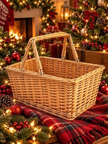 1pc Bohemian Style Picnic Basket, Plaid Pattern Double Handle Foldable Wicker Woven Basket, Handmade Wicker Storage Gift Basket, Portable Fruit & Candy Storage Basket, Suitable For Camping, Party, Back To School, Bathroom And Home Decor - Multicolor - View 14
