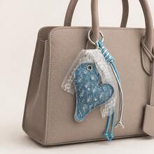 1PC/2PCS/3PCS Vintage Distressed Denim Heart Pendant With White Lace Bow Woven Rope Keychain, Fresh Girly Style Bag Charm, Handbag Decorative Accessory - Baby Blue - View 2