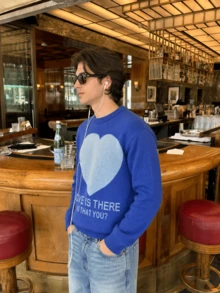 Sweater Rajut Pullover Pria Gaya Korea, Warna Blok, Lucu, Gaya Kampus, Kerah Bulat, Lengan Panjang, Longgar, Bergaris, Motif Hati Malas, Musim Gugur/Dingin - Biru - View 3