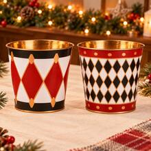 2pcs Christmas Metal Flower Pots, Gold Interior, Holiday Decorative Flower Pots, Gold Print, Small Round Plant Containers, Suitable For Holiday Table Centerpiece Decoration, Home Decor, Party And Gift Baskets - Christmas Flower Pot - View 7
