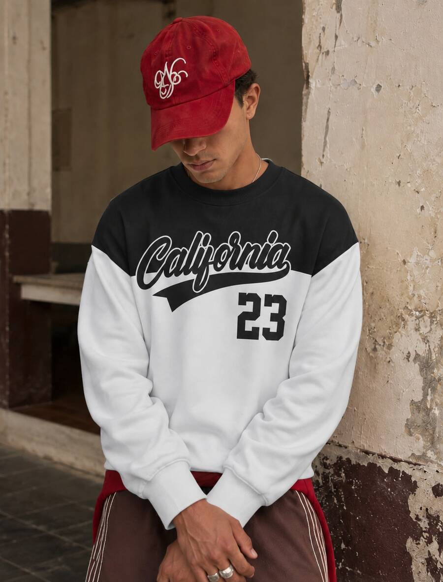 FRACTYR Men's Vintage Sports 23 Number Graphic, California Theme Crew Neck Sweatshirt, American College Style Loose Casual Pullover - White - View 1
