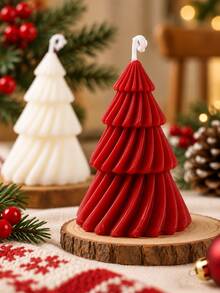 Christmas Tree Shaped Soy Wax Scented Candle, 5.5*10cm Handmade Ribbed Aromatherapy Candle, Xmas Table Mantel Home Decor, Holiday Gift - Multicolor - View 6