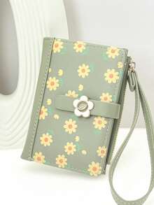 Floral Patchwork PU Short Snap Wallet Sweet Cute Mini Wrist Bag Multifunctional Coin Purse Zipper Pouch Simple Elegant Suitable For Storage - Multicolor - View 2
