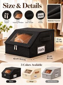 Fashionable Fabric Hat Storage Box, Transparent Window Lid, Double Zipper Closure, Side Handles, Label Slot, Large Capacity Foldable Hat Organizer, Suitable For Baseball Caps, Knit Hats, Scarves, Closet, Bedroom, Wardrobe, Dorm, Autumn/Winter Home Storage - Multicolor - View 10
