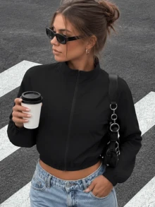 Women's Fashion High Elasticity Short Jacket Long Sleeve Round Neck Top Autumn Casual Set - Blue - View 7