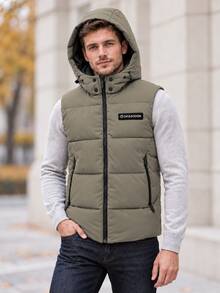 Herrväst med huva, vadderad puffer-gilet med dragkedja - Armé Grön - Visa 2