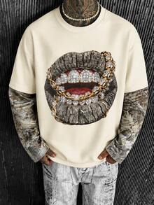 Krometka Men's American Hip Hop Rhinestone Lip Chain Print 2-In-1 Long Sleeve T-Shirt, Leaf Camouflage Patchwork Loose Drop Shoulder Crew Neck Top - Apricot - View 4