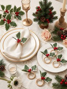 4-12pcs Christmas Holly Red Berry Napkin Rings, Natural Woven Vine Rings, Holiday Table Decor Napkin Holders - Multicolor - View 5