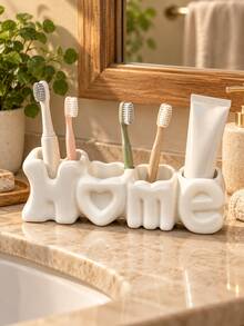 創意「HOME」字母牙刷架，附愛心裝飾，多格牙刷與牙膏收納架，適合農舍風浴室洗手台裝飾，入厝禮物 - 奶白色 - 查看 3