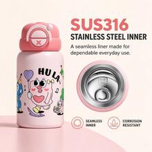 QWE便攜保溫杯550ML304杯身316內膽PP杯蓋矽膠吸管卡通圖案隨身水杯 - 粉色 - 查看 6