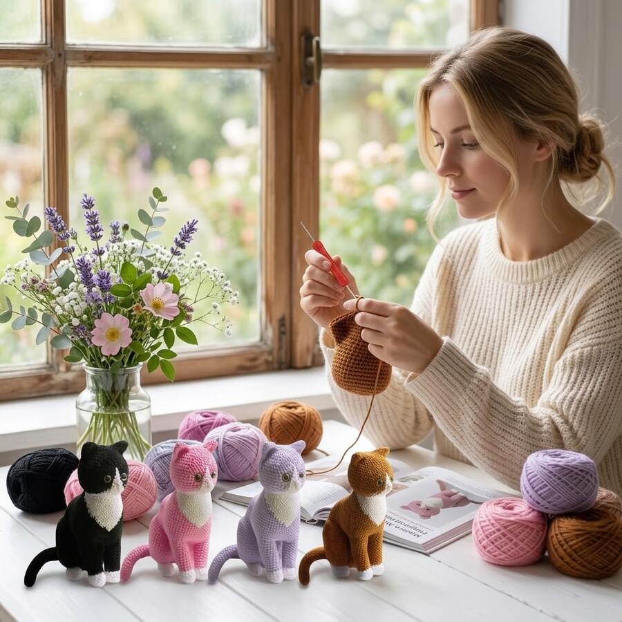 4 Colors Optional Large Cat Crochet Set, DIY Knitting Needle Handmade Combination Kit, Includes Yarn Accessories And Diagram, Beginner Crochet DIY Material Pack, Cute Cat Combination Knitting Handmade Set, With Step-By-Step Video Tutorial And Instruction Manual - C-Multicolor Set - View 1
