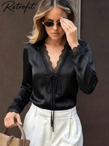 Women's Loose Elegant Solid Color Lace Top, Hollow Floral Lace Design - Black - View 1