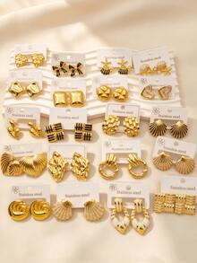 24pcs/Set Minimalist French Style Stainless Steel Earrings For Women, Including Heart, Bow And Geometric Shapes, Suitable For Holiday Wear, Fashionable Women's Earring Set - Multicolor - View 1