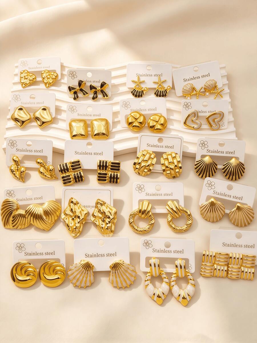24pcs/Set Minimalist French Style Stainless Steel Earrings For Women, Including Heart, Bow And Geometric Shapes, Suitable For Holiday Wear, Fashionable Women's Earring Set - Multicolor - View 1