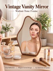 1pc Walnut Color Asymmetrical Desktop Vanity Mirror, Clear Imaging, Wavy Wood Grain Frame, Elegant Bedroom And Dressing Table Decor, Christmas, Birthday And Housewarming Gift - Multicolor - View 6
