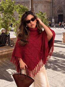 Women's Red Short High Neck Cable Knit Shawl, Tassel Decor, Asymmetrical Hem Short Sleeve Pullover Sweater, Street Fashion Essential - Red - View 2