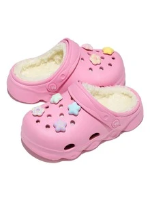 Eye-Catching Polka Dot Plaid Star Charms Embellish Kids Girls Warm Garden Clogs, Cozy Fuzzy Inner Lining, Casual Slip-On Shoes For All Occasions - Pink - View 5