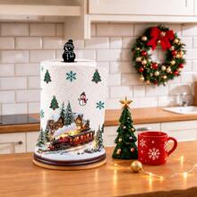 1pc Christmas Snowy Village Steam Train Paper Towel Holder, Acrylic Material Vertical Roll Paper Storage Rack, Kitchen Dining Table Decor Ornament, Easy Installation, Suitable For Christmas Party Home Room Decoration (Paper Towel Not Included) - A - View 6