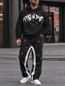 Fractyr American Street Style svartvit kontrast hoodie med stjärnmönster + vida mjukisbyxor med dragsko, casual set för herrar - Svart - Visa 2