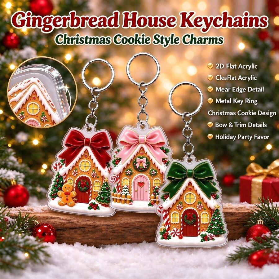 5pcs Gingerbread House Christmas 2D Acrylic Keychain, Cute Bow Gingerbread House Pendant, Can Be Used As Bag, Backpack, Key Decoration, Halloween Special Offer Keychain, Suitable As Christmas Holiday Small Gift, Restaurant Event Giveaway, Christmas Gift Box Matching Accessory, Cartoon Atmosphere Christmas Hanging Decoration Gift, Also Can Be Used As Birthday Party Return Gift, Teacher's Day Giveaway, Full Of Holiday Atmosphere Portable Small Accessory - Gingerbread House Kit - View 1