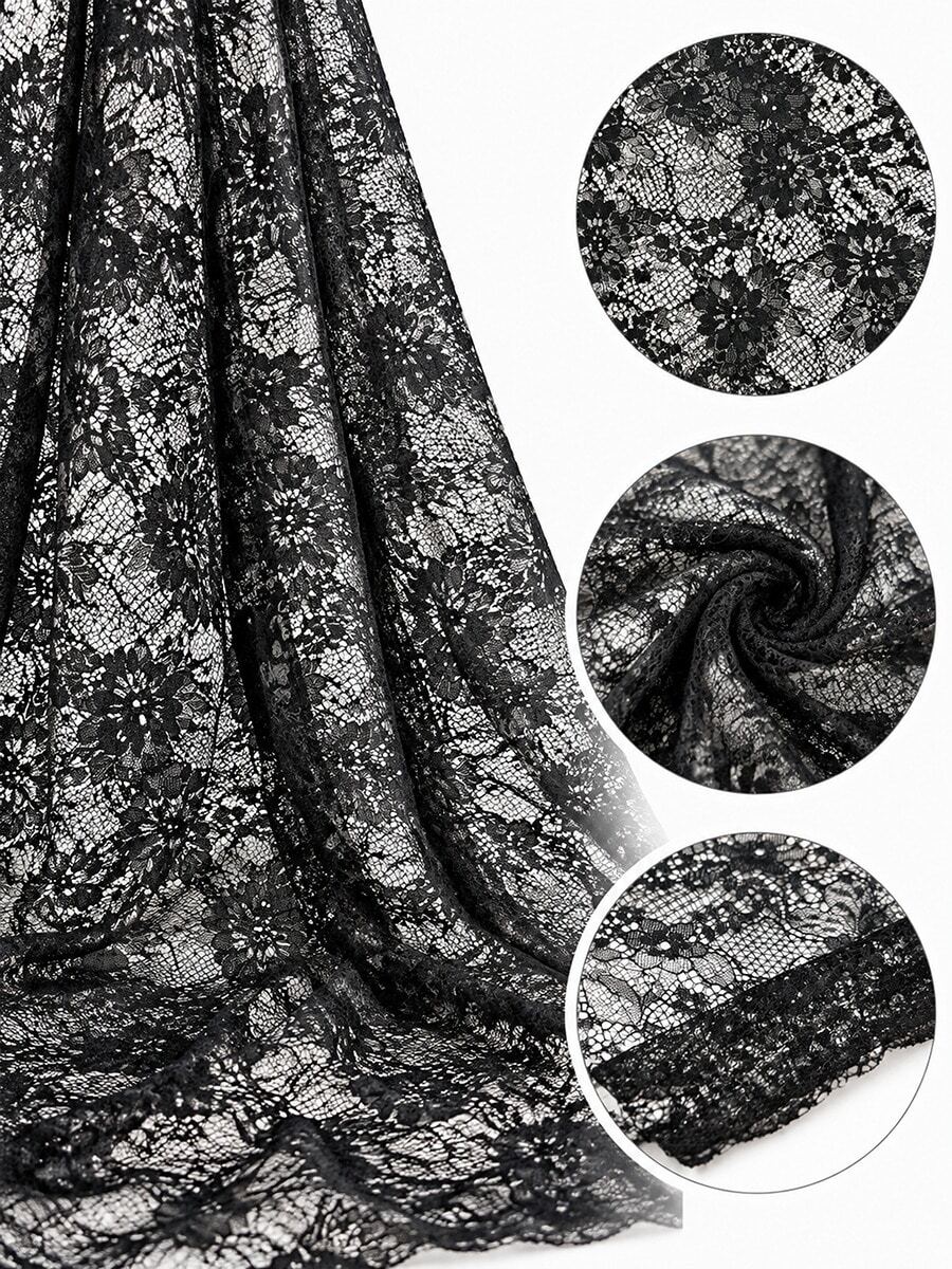 HHMC 1pc Black Transparent Lace Fabric With Embroidered Floral Pattern, Soft Touch, Suitable For Home Decor And Handmade Crafts Such As Dresses, Tablecloths, Sheer Curtains, Veils, Hair Accessories And Bags - Multicolor - View 1