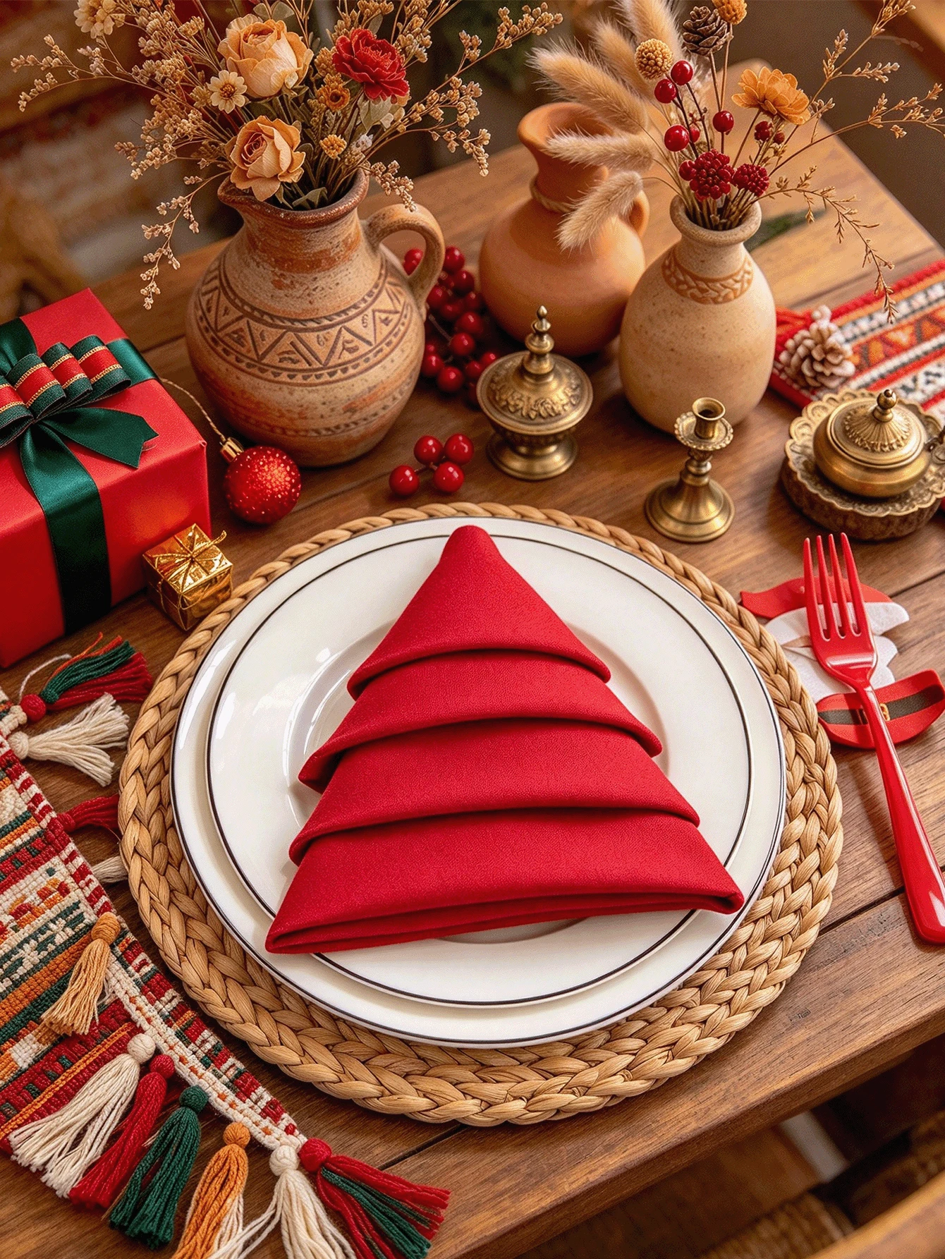 2/6/12pcs Bohemian Style Christmas Red Solid Color Decorative Napkins, Suitable For Holiday Party Banquet Decoration Cloth Napkins - Red - View 1