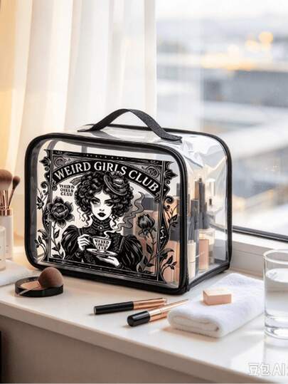 Weird Girls Club Gothic Makeup Bag, Victorian Vintage Girl Print Cosmetic Pouch, Dark Aesthetic Clear Travel Toiletry Bag, Alt Girl Witchy Accessory Storage, Halloween Gift For Gothic Lovers,For Fitness, Vacation, Daily Commute