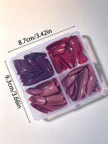 96片亮面杏仁形穿戴甲套組，4款經典純色（酒紅/紅色/裸色/棕色）全包中長杏仁假指甲，女款秋冬日常穿戴美甲 - 彩色 - 查看 6