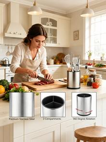 1 pieza Caja de almacenamiento de utensilios giratoria 360°, estante para utensilios de cocina, contenedor de almacenamiento redondo de acero inoxidable, caja de almacenamiento de cuchillos y tenedores con agujeros de drenaje, estante de almacenamiento multifuncional para utensilios y herramientas para almacenamiento en restaurante y cocina - Ver 5