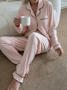 2pcs Women Notched Collar Long Sleeve Pajama Set - Comfortable Casual Sleepwear & Loungewear - Pink - View 6