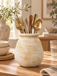 Ribbed Resin Utensil Holder For Kitchen Countertop, Glossy Textured Cooking Utensil Crock For Wooden Spoons, Spatulas, Whisks And Chopsticks, Decorative Kitchen Storage Organizer For Modern Farmhouse Home Decor - Multicolor - View 9