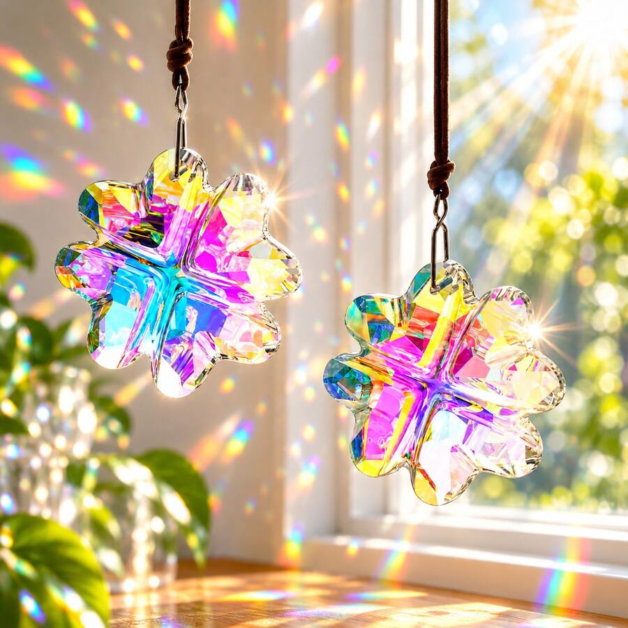 2PCS Rainbow Flower Suncatcher Hanging Ornament, Colorful Faceted Floral Pendant For Window, Bedroom, Home, Garden & Boho Decor - 2pcs Four-leaf Clover - View 1