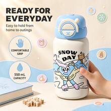 QWE Portable Insulated Water Bottle 550ML 304 Stainless Steel Body 316 Inner Liner PP Lid Silicone Straw Cartoon Pattern - Baby Blue - View 6
