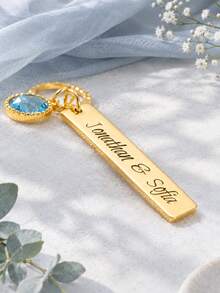 客製化刻字花束吊飾，花卉吊墜飾品，可客製文字金屬標牌搭配藍色水晶，婚禮紀念品，新娘花束裝飾 - 多色-方形裝飾牌 - 查看 3