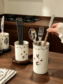 1PC Vintage Swallow Ceramic Chopstick Holder Set With Dual Cup Tray, Draining Chopstick Basket, Kitchen Utensil Storage Holder For Knives, Forks, Spoons, Retro Tableware Organizer - Multicolor - View 3