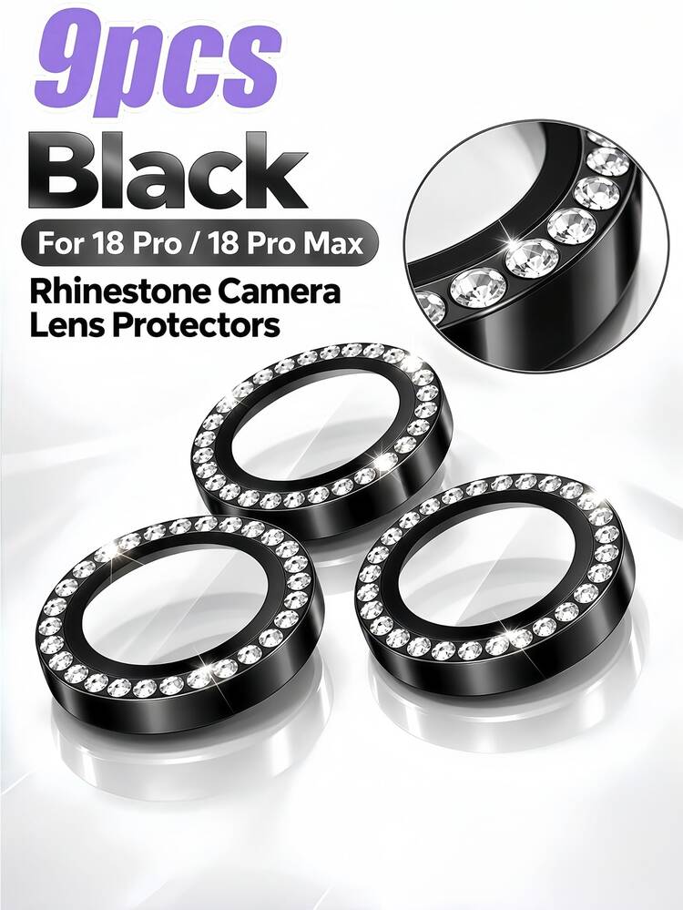 9件裝 適用於 iPhone 18 Pro/18 Pro Max 的水鑽金屬相機鏡頭保護套，裝飾鑽石鏡頭環保護，HD 清透鋼化玻璃相機蓋，防刮鏡頭保護膜 - 黑色 - 查看 6