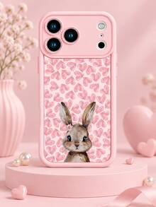 1pc Pink Rabbit Phone Case, Heart Watercolor Rabbit Print Protective Shell, Sweet Cute Girly Style Phone Accessory Compatible With IPhone 18 Pro Max/18 Pro/17/16/15/14/13/12/11/Pro/Pro Max/X/XR/XS/XS Max/7/8/Plus, Compatible With Samsung/Honor - Multicolor - View 2