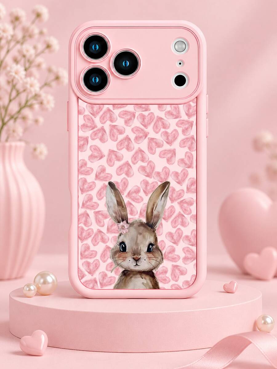 1pc Pink Rabbit Phone Case, Heart Watercolor Rabbit Print Protective Shell, Sweet Cute Girly Style Phone Accessory Compatible With IPhone 18 Pro Max/18 Pro/17/16/15/14/13/12/11/Pro/Pro Max/X/XR/XS/XS Max/7/8/Plus, Compatible With Samsung/Honor - Multicolor - View 1