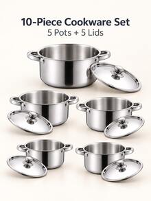 5 Pots And 5 Lids Stainless Steel Cookware Set, 10-Piece Silver Kitchen Set With Five Pot Sizes, Riveted Side Handles And Dome Lid Knobs For Preparing Soups, Stews, Pasta And Vegetables For Family Meals At Home,Kitchen,Pots And Pans Set - View 1